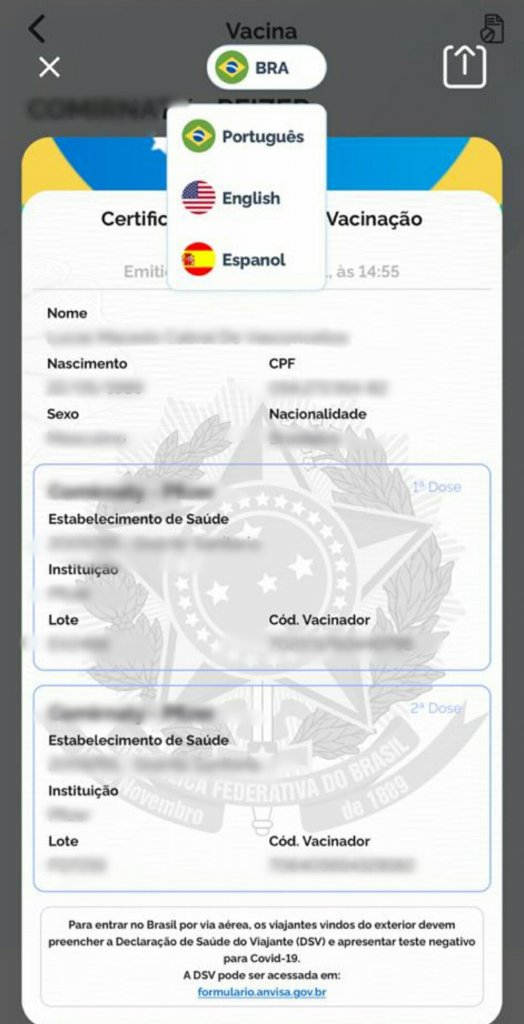 Certificado de vacina em outros idiomas