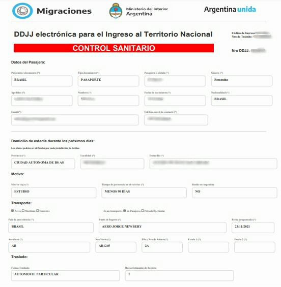 Declaração Jurada de Saúde da Argentina