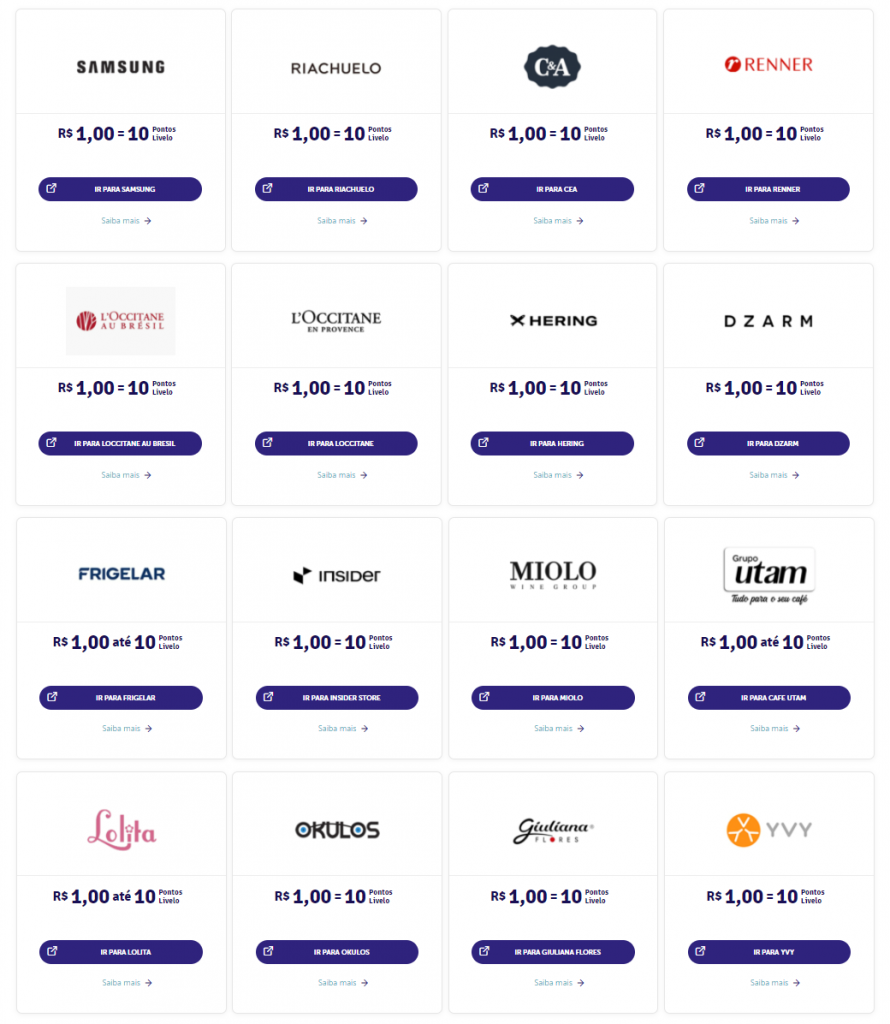 Lojas parceiras Livelo com 10 pontos por real