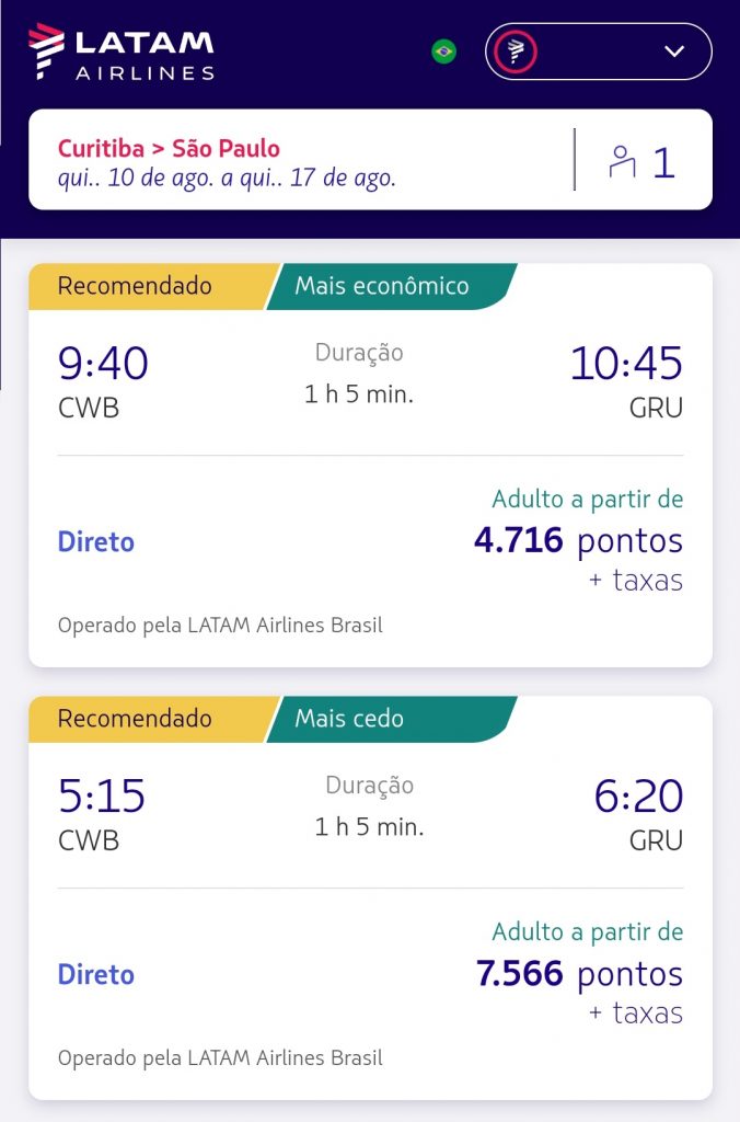 passagens nacionais com poucas milhas