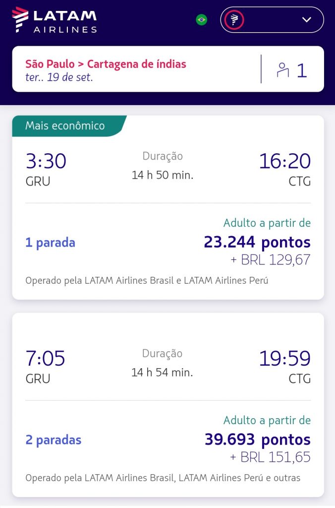 Voos a partir de 23.000 milhas para América do Sul e Caribe