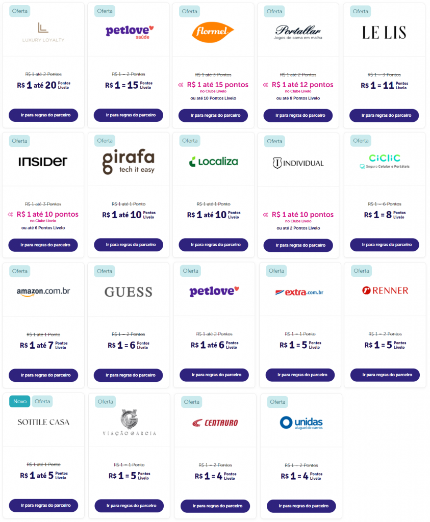 Ganhe até 20 pontos Livelo por Real gasto em lojas parceiras