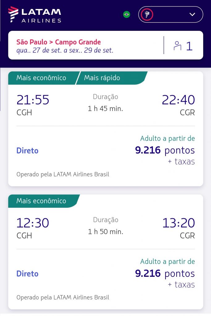 passagens nacionais por até 10.000 milhas