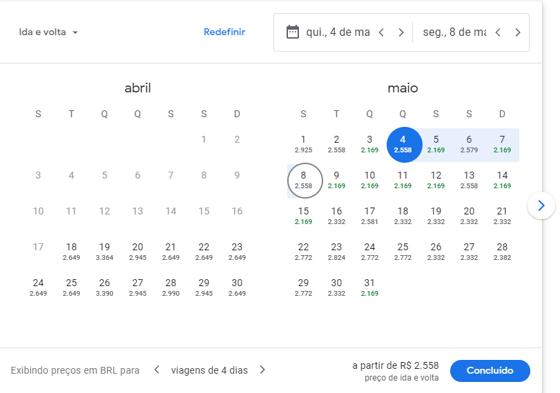 calendário Google Flights