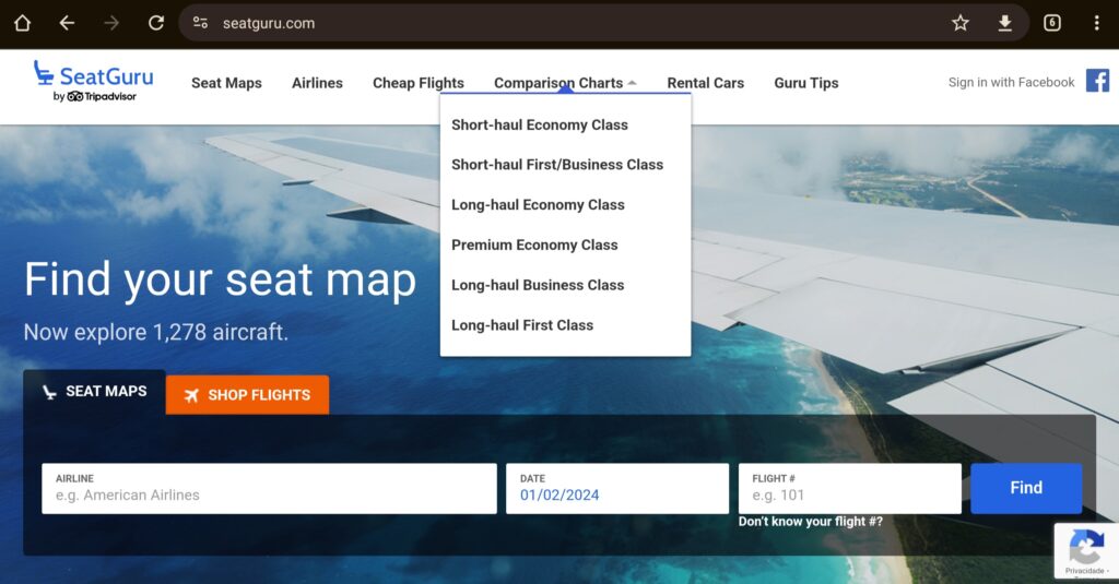 classes de cabine com o Seat Guru
