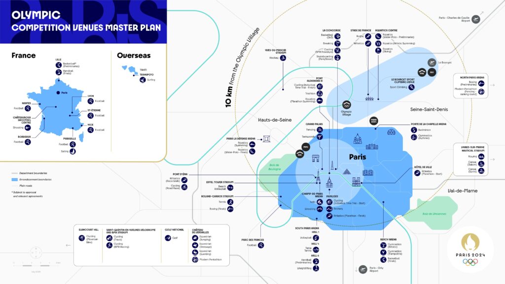 mapa dos locais de competições em Paris 2024