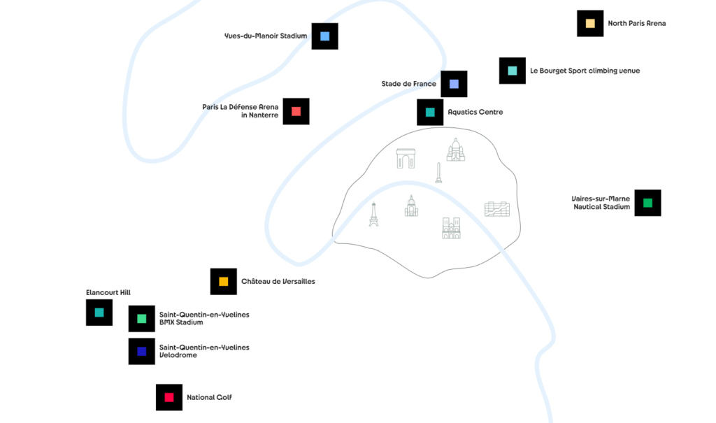mapa dos locais de competições na região île-de-france