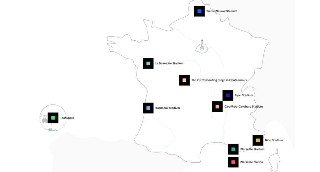 mapa dos locais de competições por toda Paris