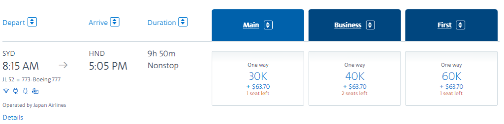 disponibilidade de resgate utilizando pontos do aadvantage para voar com a primeira classe da jal