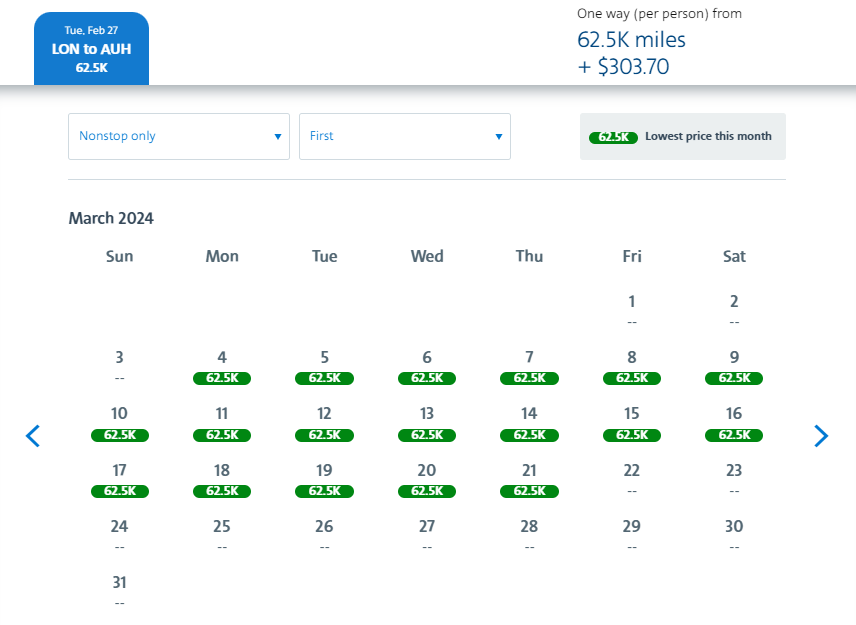 disponibilidade mensal da primeira classe da etihad de londres para abu dhabi restrito a 30 dias