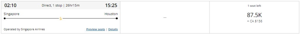 87 mil e 500 milhas para emissão na Classe Executiva da Singapore utilizando milhas Aeroplan de Singapura para Houston