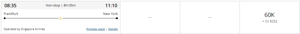 87 mil e 500 milhas para emissão na Classe Executiva da Singapore utilizando milhas Aeroplan de Frankfurt para Nova Iorque