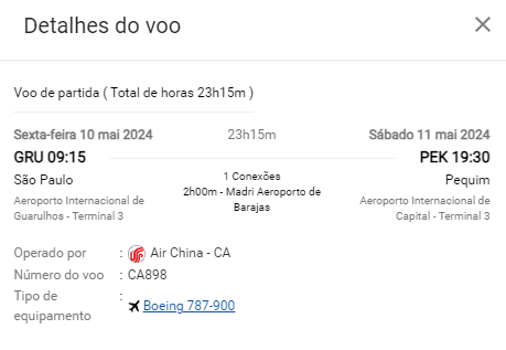 Detalhes sobre os voos da Air China saindo do Brasil