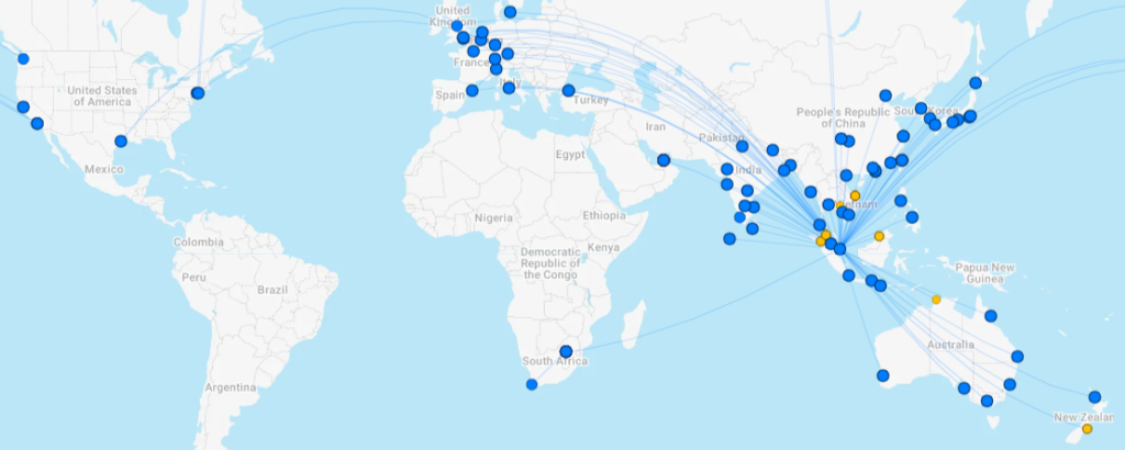 Todas as rotas da Singapore Airlines