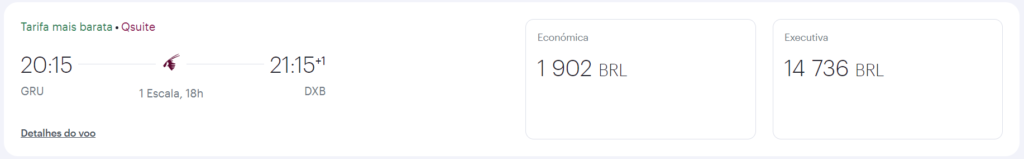 Exemplo de passagem promocional da Qatar Airways a partir de R.000 o trecho