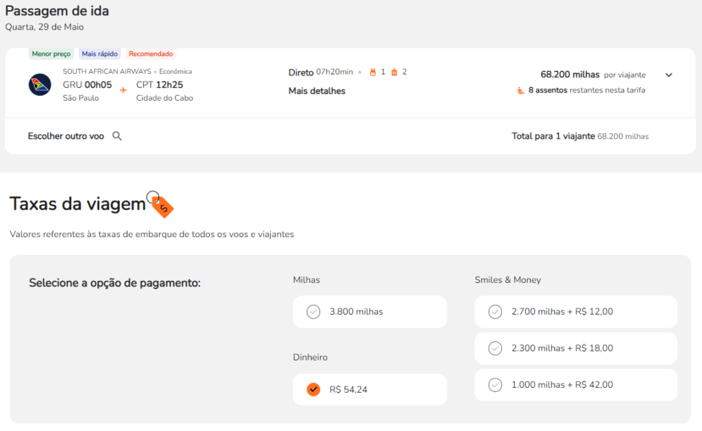 Na Econômica de São Paulo (GRU) para Cidade do Cabo (CPT) por 68.200 milhas + taxas no valor de R,24 com a South African