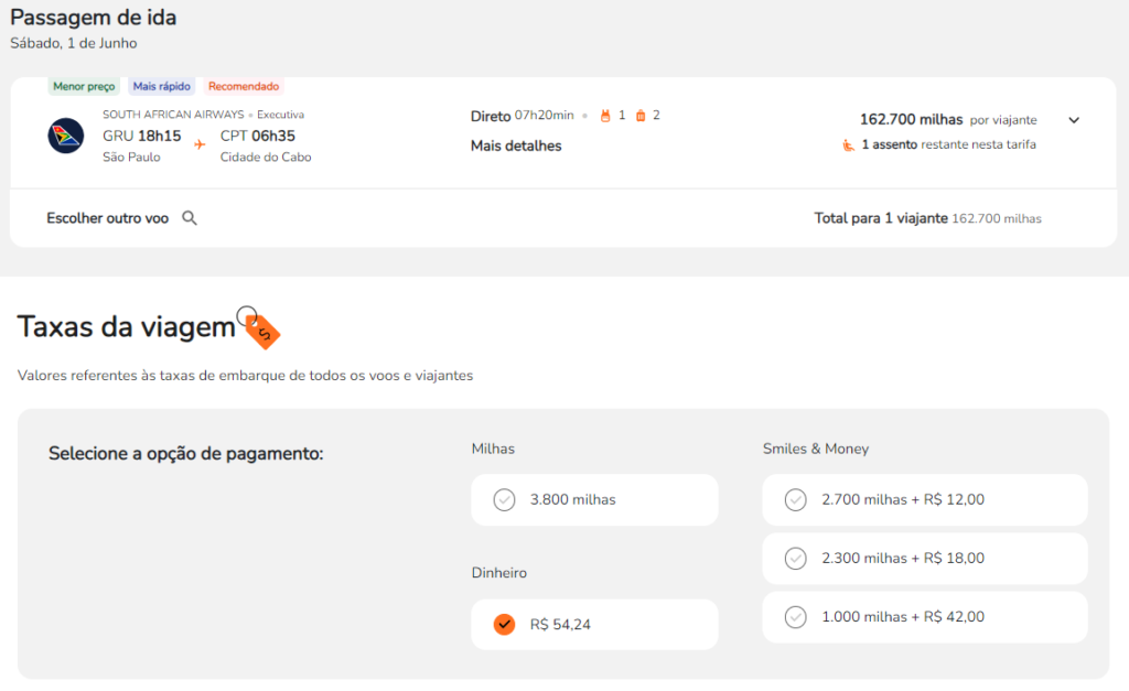 Na Executiva de São Paulo (GRU) para Cidade do Cabo (CPT) por 162.700 milhas + taxas no valor de R,24 com a South African