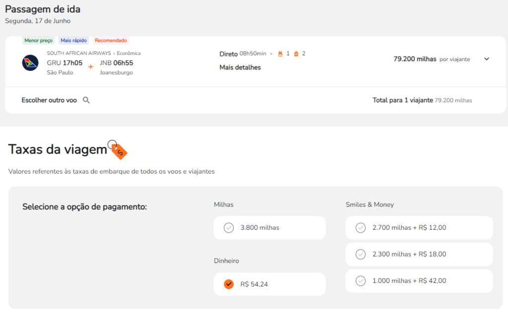 Na Econômica de São Paulo (GRU) para Joanesburgo (JNB) por 79.200 milhas + taxas no valor de R,24 com a South African