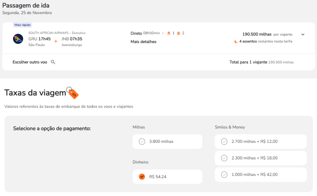 Na Executiva de São Paulo (GRU) para Joanesburgo (JNB) por 190.500 milhas + taxas no valor de R,24 com a South African