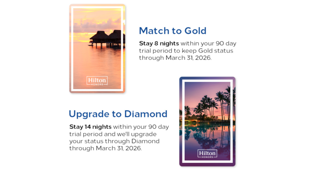 Status Match Hilton Honors 2024 com possibilidade de conseguir o status gold ou diamond até março de 2026