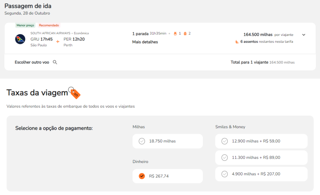 Resgate na Smiles de uma passagem de São Paulo (GRU) a Joanesburgo (JNB) a Perth (PER) por 164.500 milhas na classe econômica
