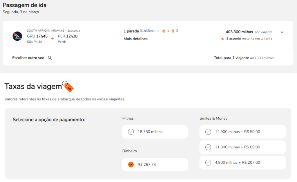 Resgate na Smiles de uma passagem de Perth (PER) a Joanesburgo (JNB) a São Paulo (GRU) por 403.300 milhas na classe executiva
