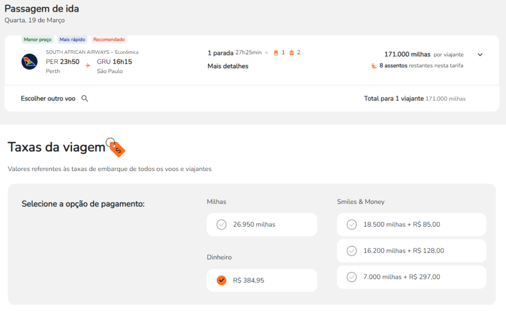 Resgate na Smiles de uma passagem de Perth (PER) a Joanesburgo (JNB) a São Paulo (GRU) por 164.500 milhas na classe econômica