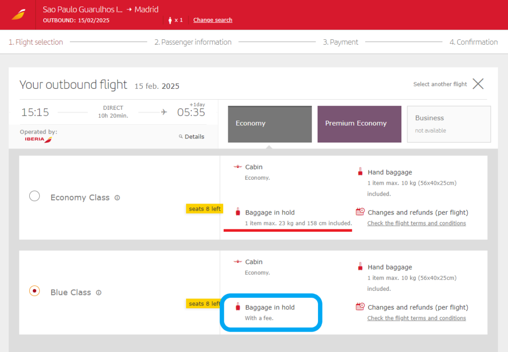 Voo de São Paulo para Madri com a Ibéria na Classe Econômica na Tarifa Azul onde agora é necessário pagar uma taxa para o despacho da bagagem