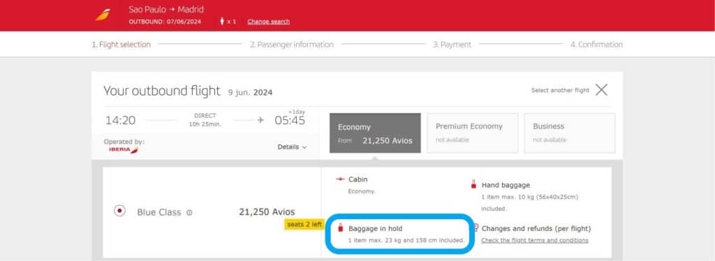 Voo de São Paulo para Madri com a Ibéria na Classe Econômica na Tarifa Azul onde era possível despachar uma bagagem de 23 quilos
