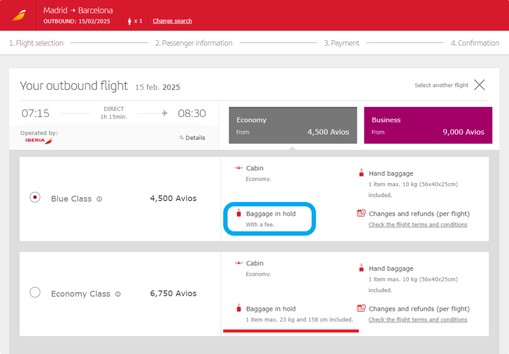 O despacho da bagagem também ocorre para voos regionais de pequeno alcance como este de Madri para Barcelona onde na Tarifa Azul cobra-se um valor de uma taxa para o despacho da bagagem