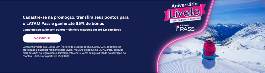 Livelo e LATAM Pass oferecem até 35% de bônus na transferência de pontos
