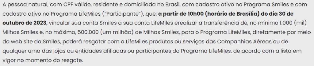 regulamento antigo que cita o limite máximo de 500.000 milhas Smiles sem restrição de limite anual