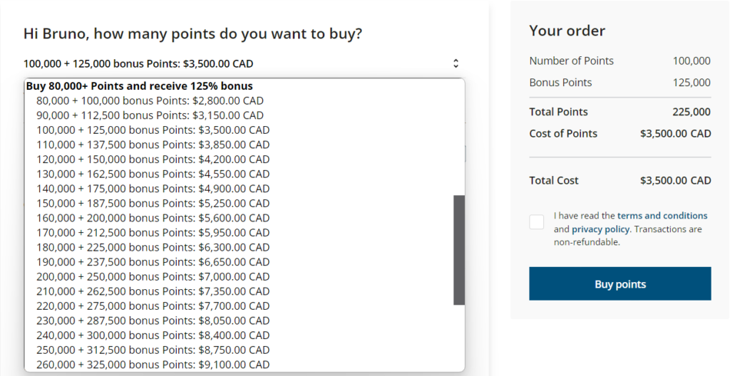 Compra de pontos aeroplan e seu respectivo bônus
