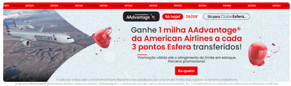 Esfera oferece a possibilidade de transferência de pontos para o AAdvantage