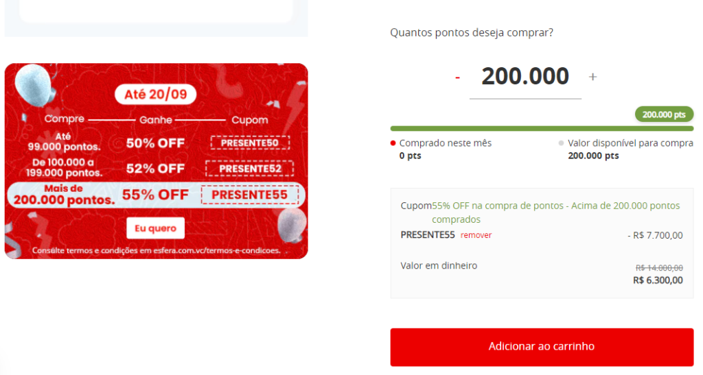 Compre pontos Esfera com até 55% de desconto