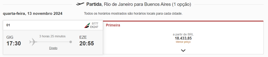 Voo da Emirates na tarifa pagante entre Rio de Janeiro e Buenos Aires