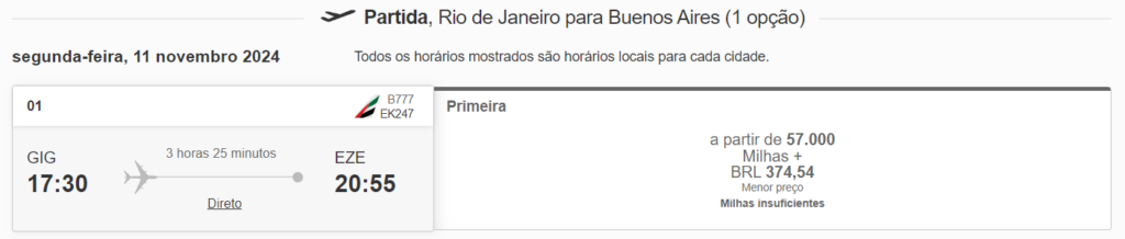 Voo da Emirates com milhas do Skywards entre Rio de Janeiro e Buenos Aires