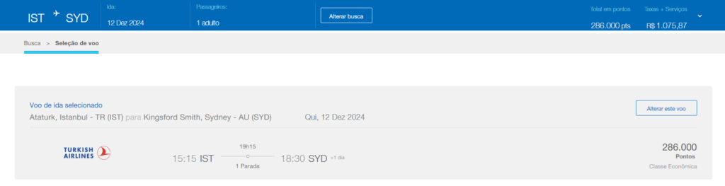Opção de resgate com a Turkish entre Istambul e Sydney utilizando o Azul Pelo Mundo