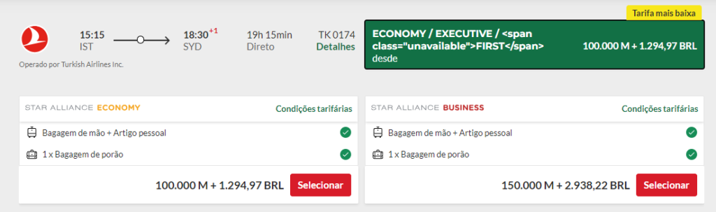 Opção de resgate com a Turkish entre Istambul e Sydney utilizando o TAP Miles & Go