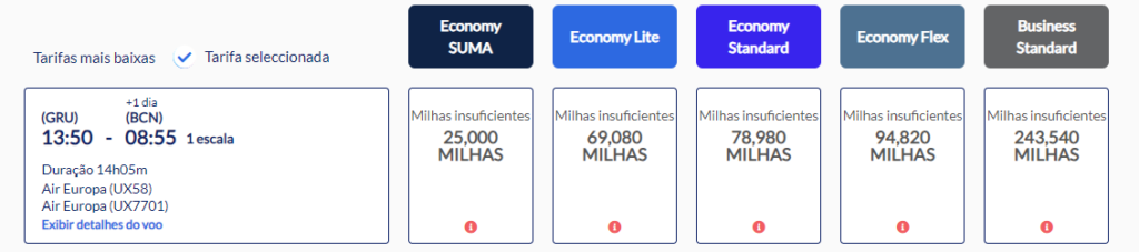 Exemplo de resgate no SUMA de São Paulo para Barcelona por 25.000 pontos em classe econômica