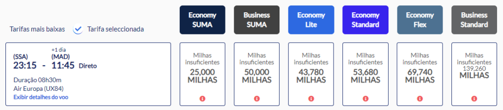 Exemplo de resgate no SUMA de Salvador para Madri por 50.000 pontos em classe executiva