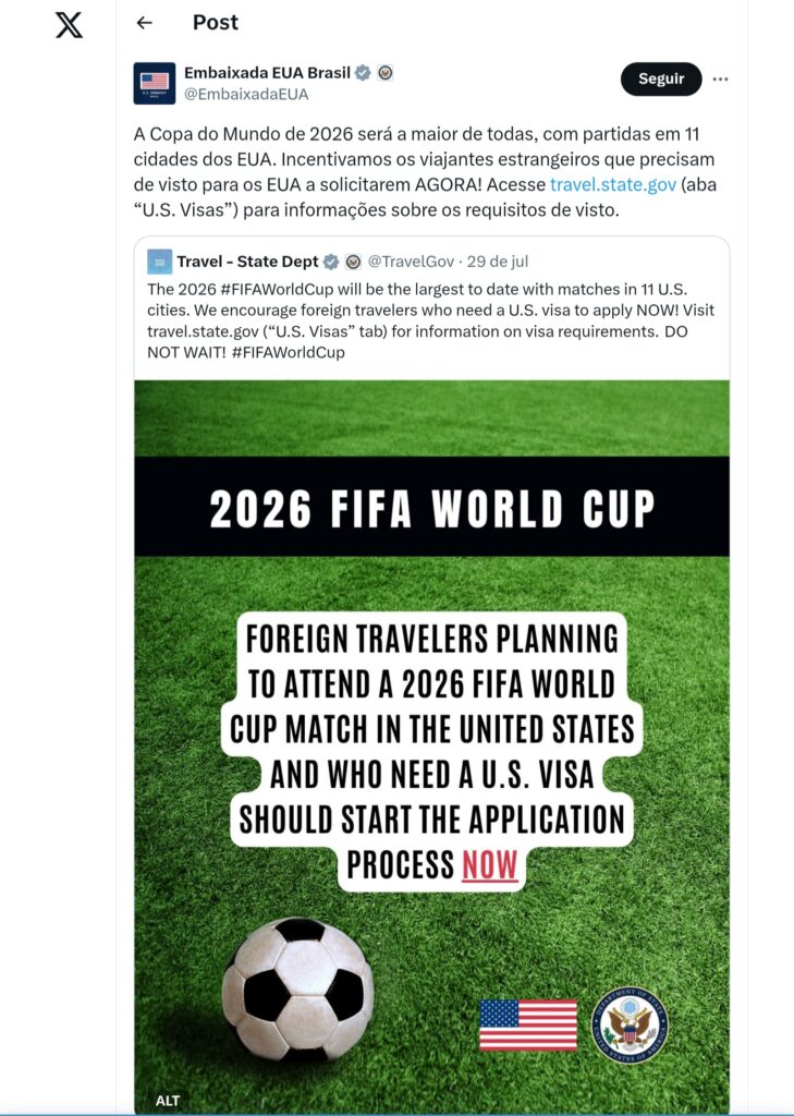Visto para a Copa de 2026 - Embaixada dos EUA indicam antecipação da emissão