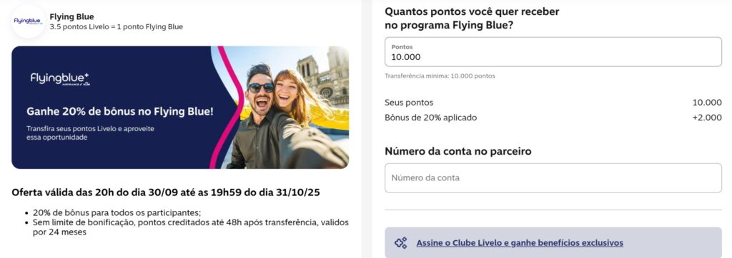 Livelo com transferências bonificadas para Flying Blue