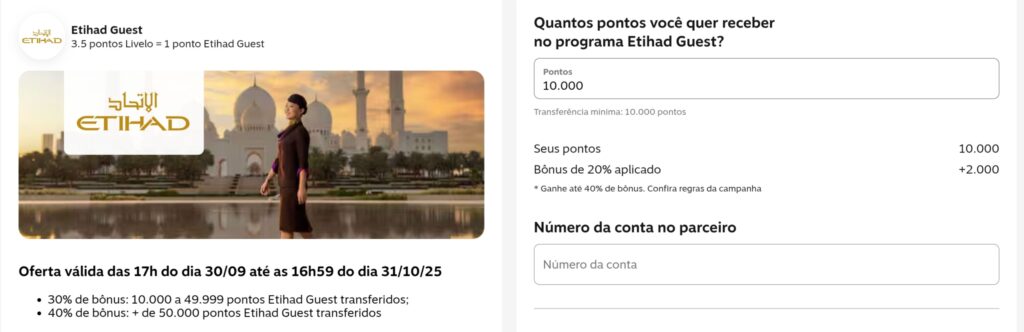 Livelo com transferências bonificadas para o Etihad Guest