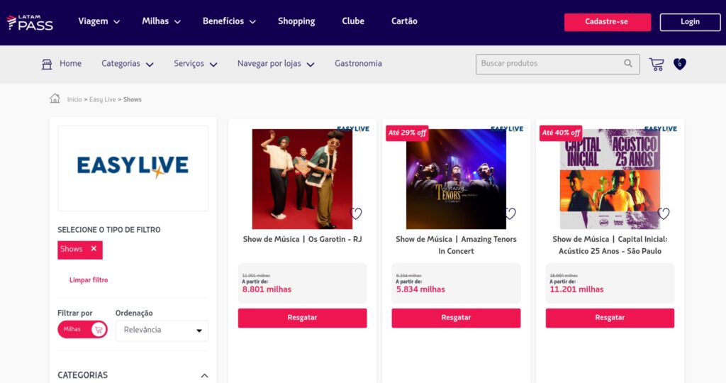 ingressos para shows com Latam Pass